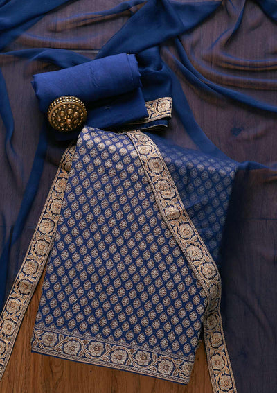 Navy Blue Zariwork Banarasi Designer Unstitched Salwar Suit - koskii