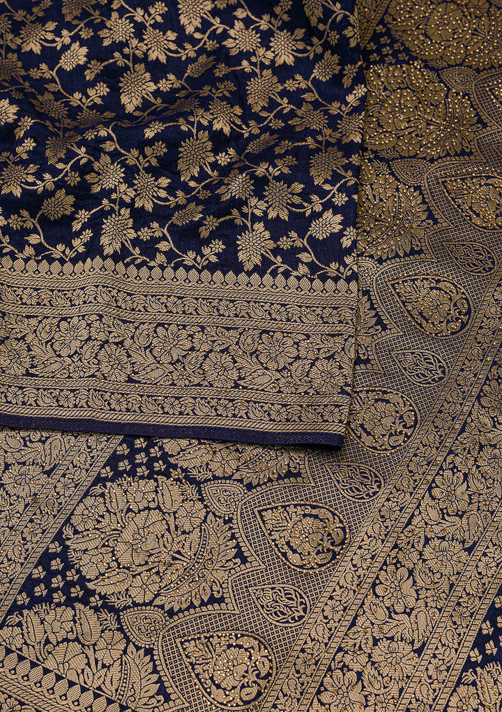 Navy Blue Zari Work Banarasi Saree-Koskii
