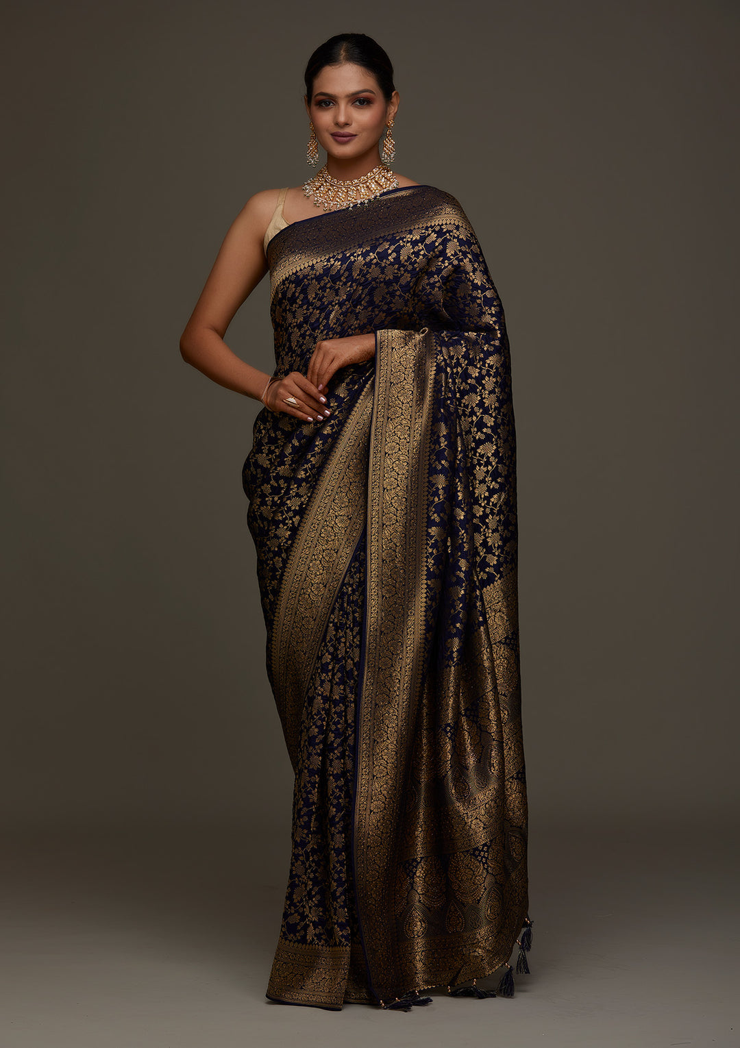Navy Blue Zariwork Banarasi Designer Saree- Koskii