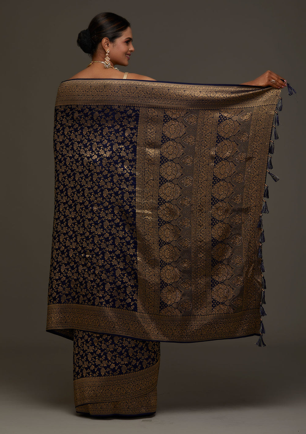 Navy Blue Zariwork Banarasi Designer Saree - Koskii