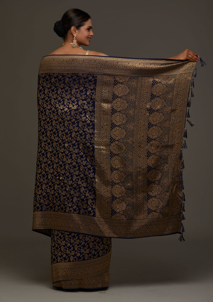 Navy Blue Zariwork Banarasi Designer Saree - Koskii