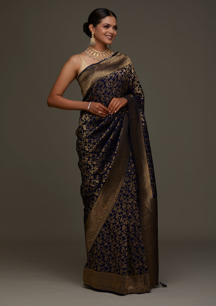 Navy Blue Zariwork Banarasi Designer Saree - Koskii