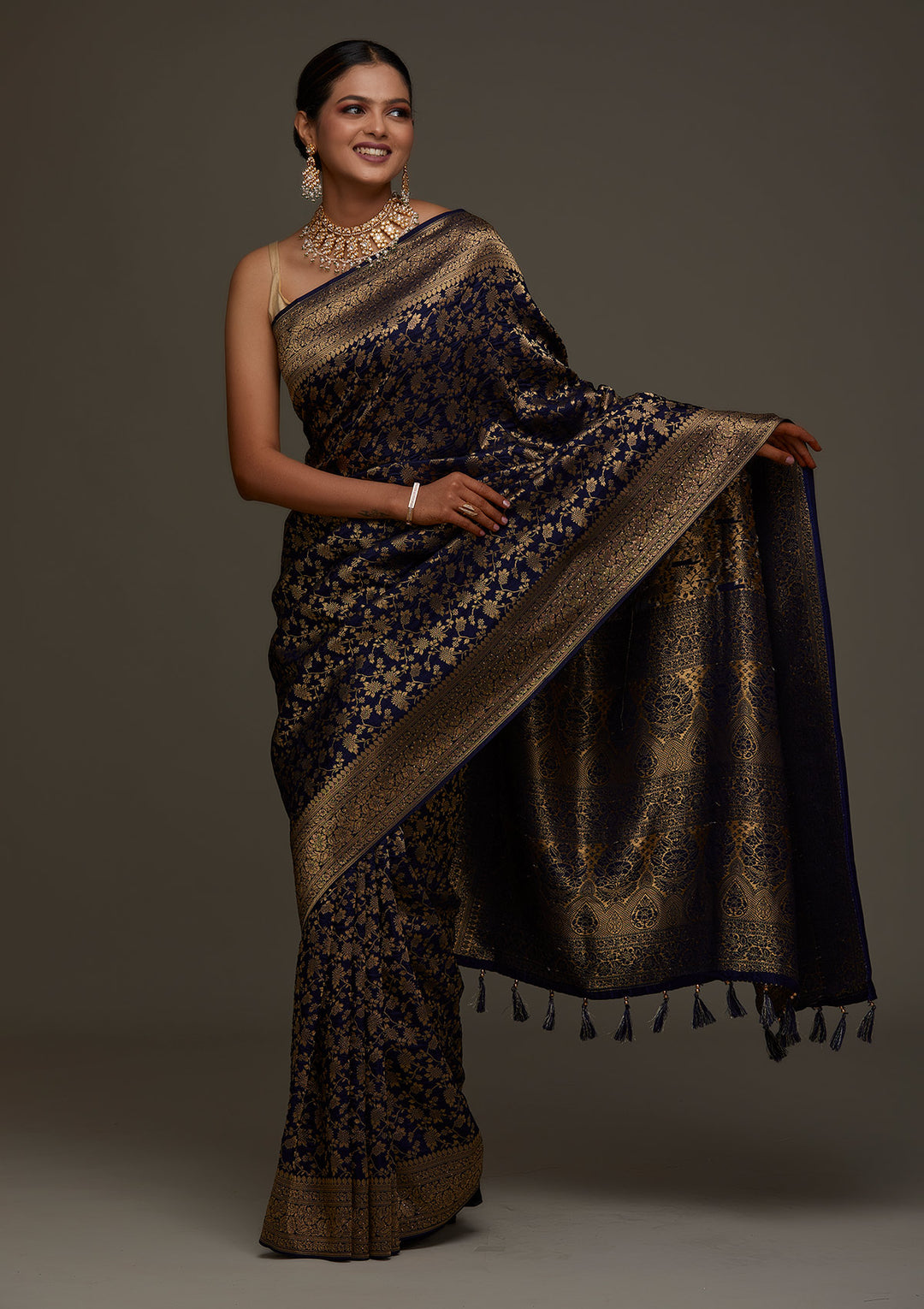 Navy Blue Zariwork Banarasi Designer Saree - Koskii