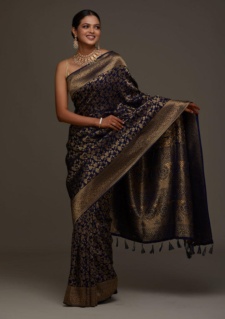 Navy Blue Zariwork Banarasi Designer Saree - Koskii
