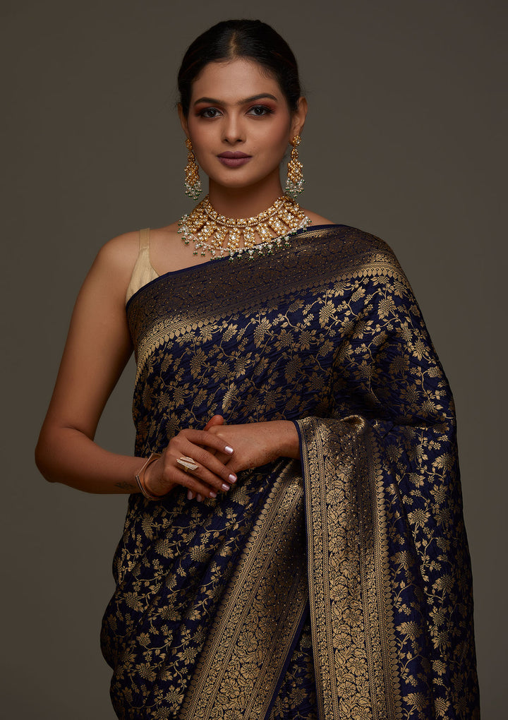 Navy Blue Zariwork Banarasi Designer Saree - Koskii