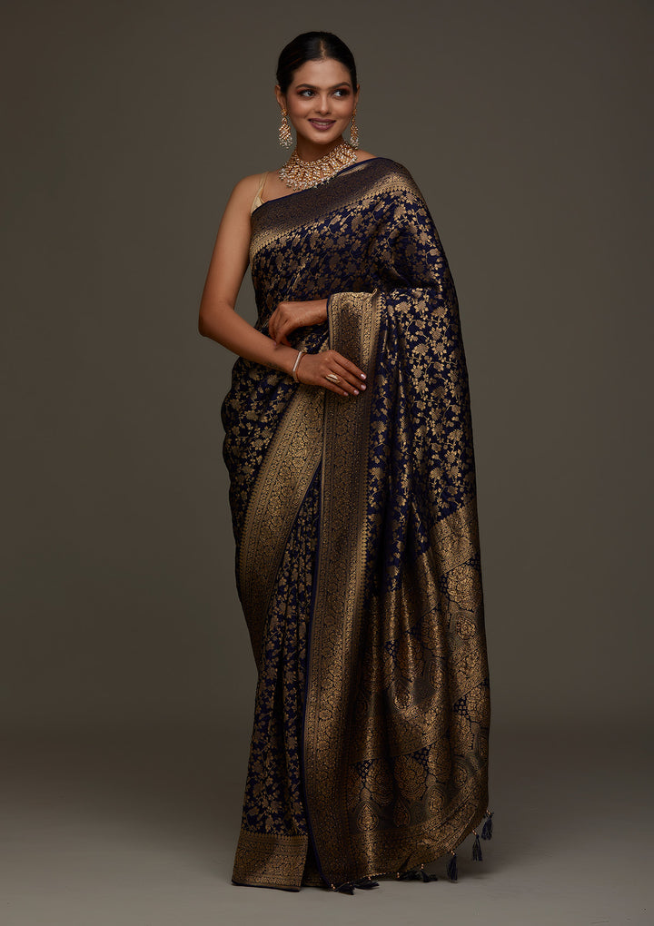 Navy Blue Zariwork Banarasi Designer Saree - Koskii