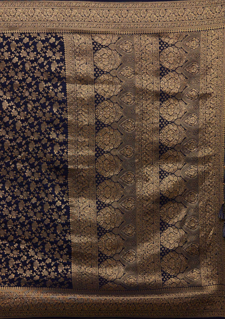 Navy Blue Zariwork Banarasi Designer Saree - Koskii
