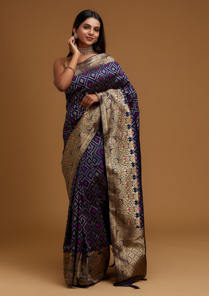 Navy Blue Zariwork Banarasi Designer Saree - Koskii