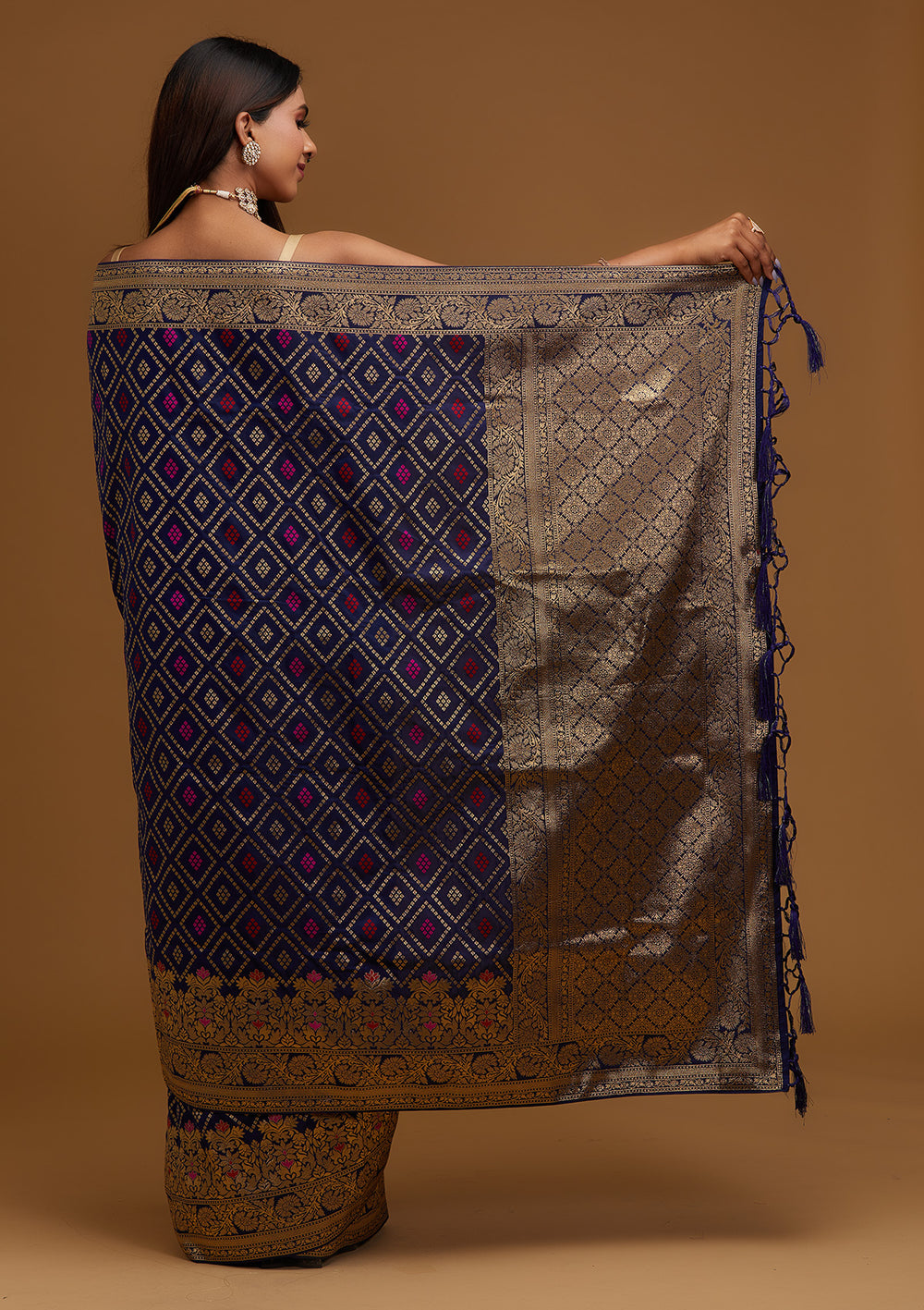 Navy Blue Zariwork Banarasi Designer Saree - Koskii