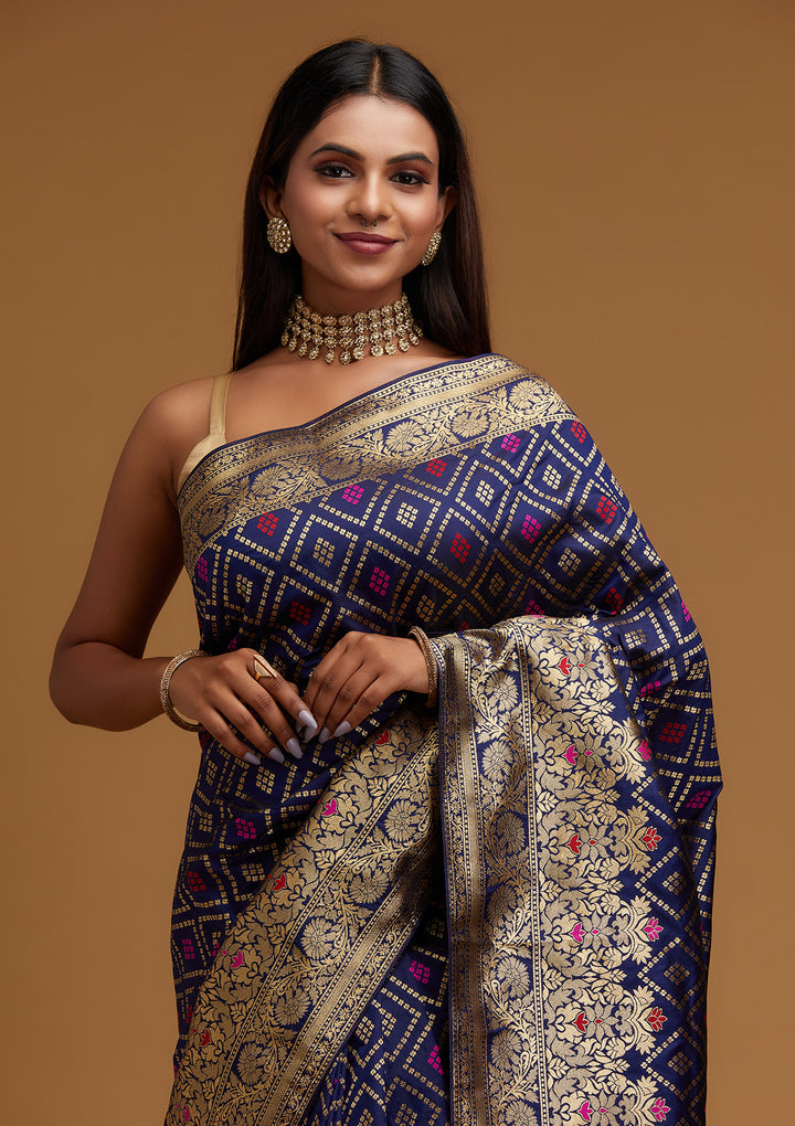 Navy Blue Zariwork Banarasi Designer Saree - Koskii