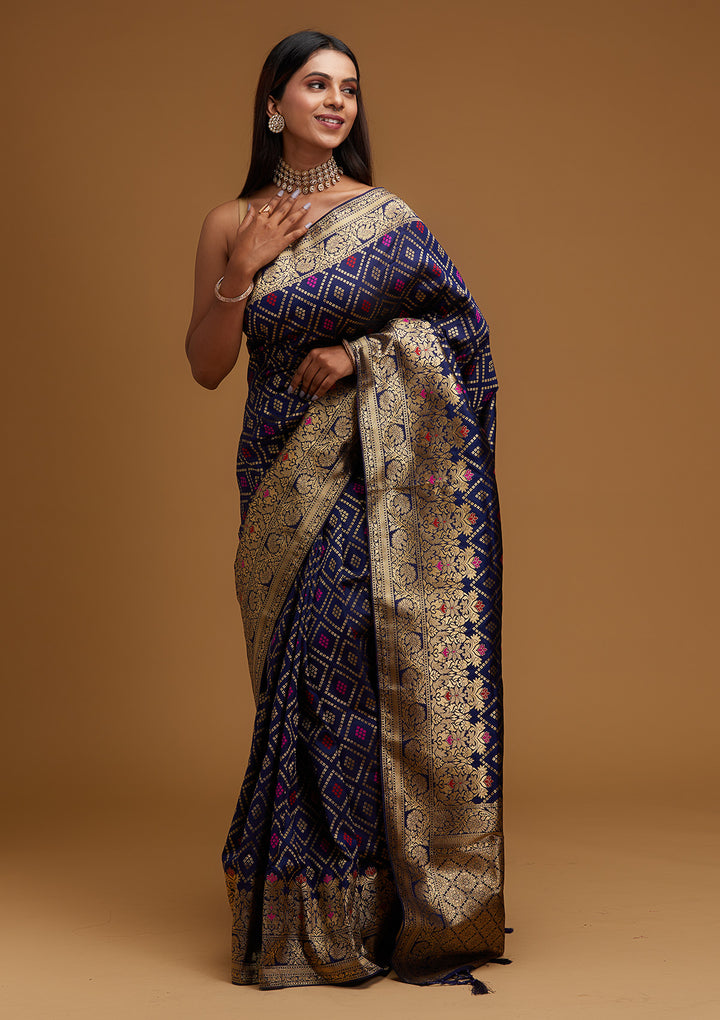 Navy Blue Zariwork Banarasi Designer Saree - Koskii