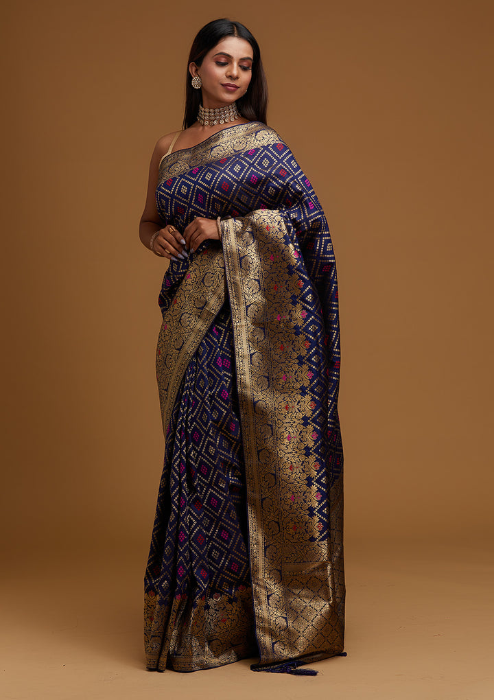 Navy Blue Zariwork Banarasi Designer Saree - Koskii