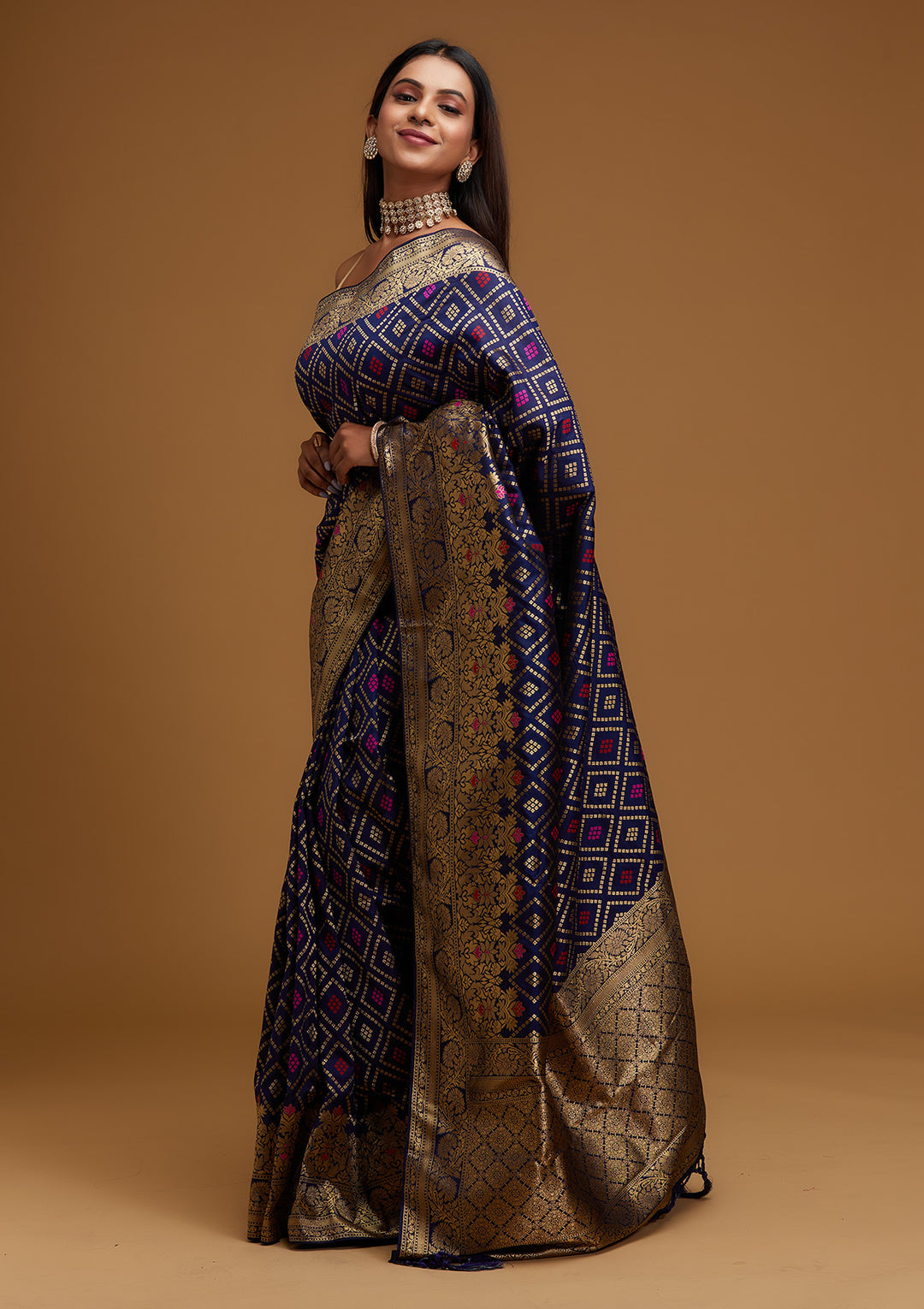Navy Blue Zariwork Banarasi Designer Saree - Koskii