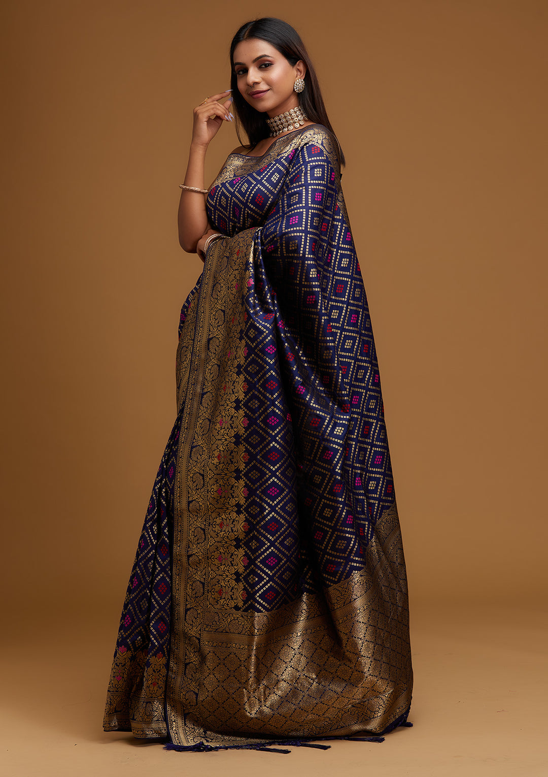 Navy Blue Zariwork Banarasi Designer Saree - Koskii