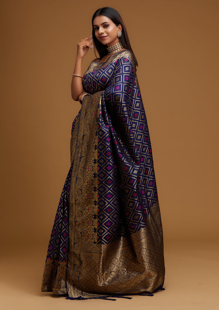 Navy Blue Zariwork Banarasi Designer Saree - Koskii
