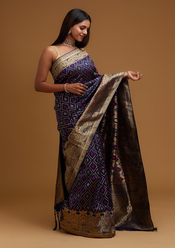 Navy Blue Zariwork Banarasi Designer Saree - Koskii
