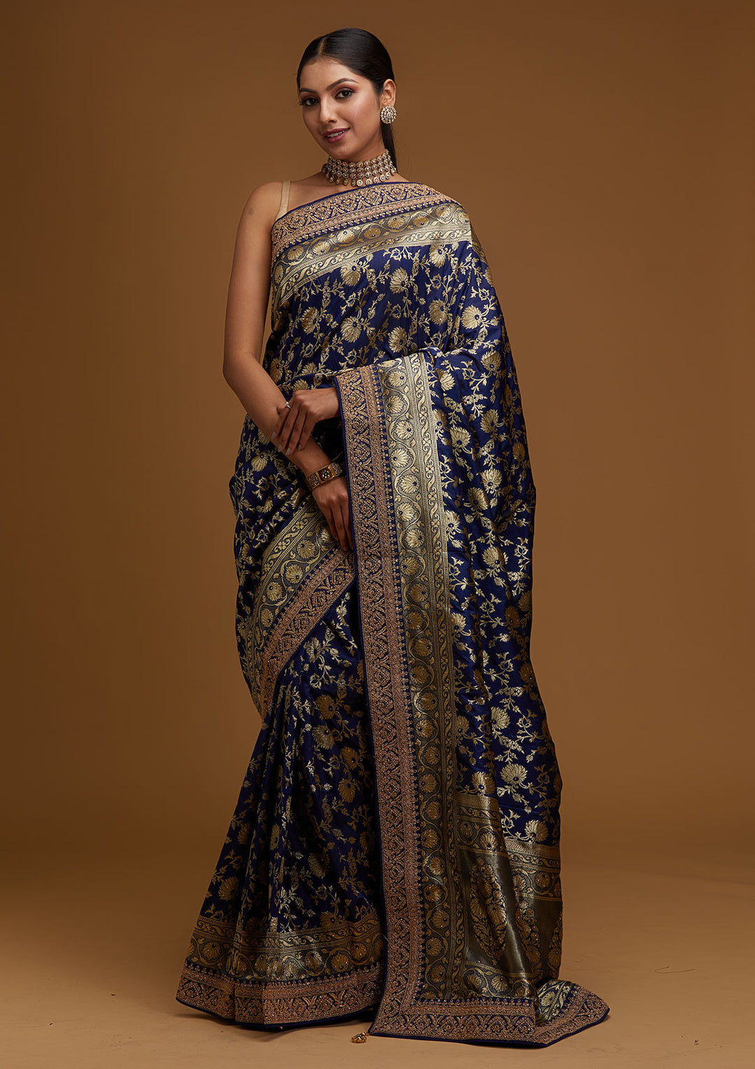 Navy Blue Zariwork Banarasi Designer Saree - Koskii