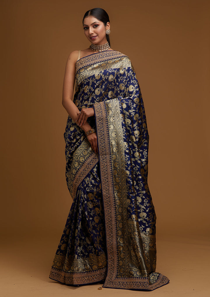 Navy Blue Zariwork Banarasi Designer Saree - Koskii