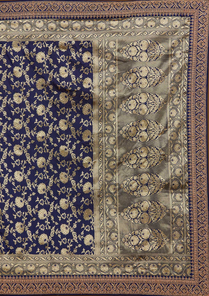 Navy Blue Zariwork Banarasi Designer Saree - Koskii