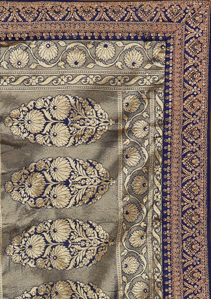 Navy Blue Zariwork Banarasi Designer Saree - Koskii