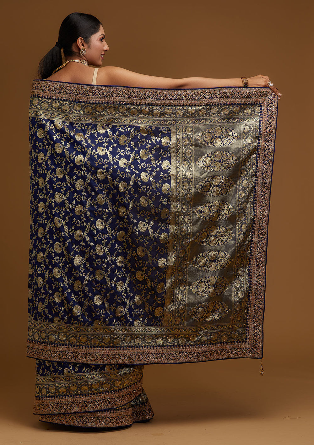Navy Blue Zariwork Banarasi Designer Saree - Koskii