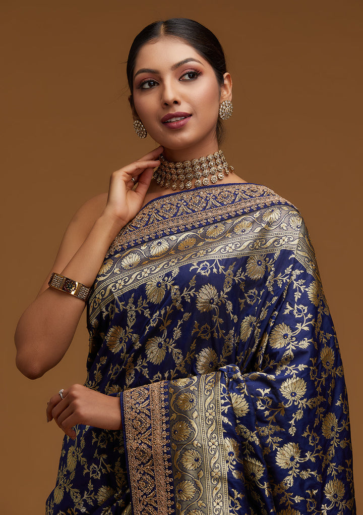 Navy Blue Zariwork Banarasi Designer Saree - Koskii