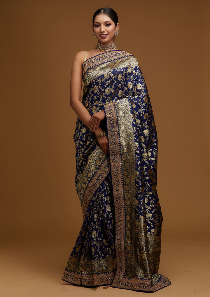 Navy Blue Zariwork Banarasi Designer Saree - Koskii