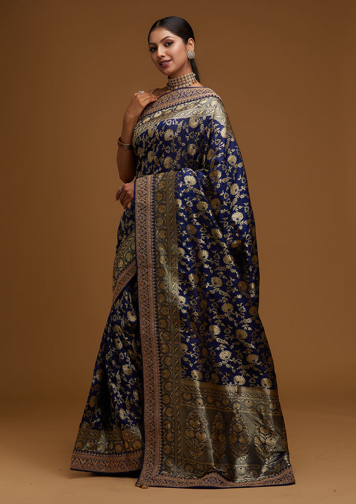 Navy Blue Zariwork Banarasi Designer Saree - Koskii