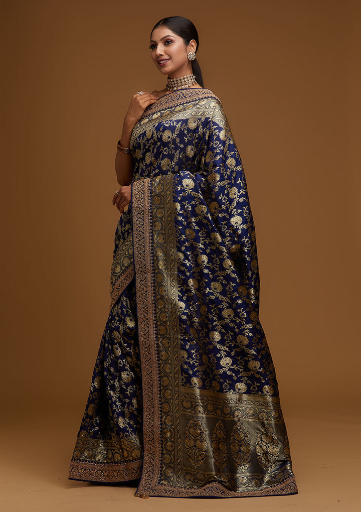Navy Blue Zariwork Banarasi Designer Saree - Koskii