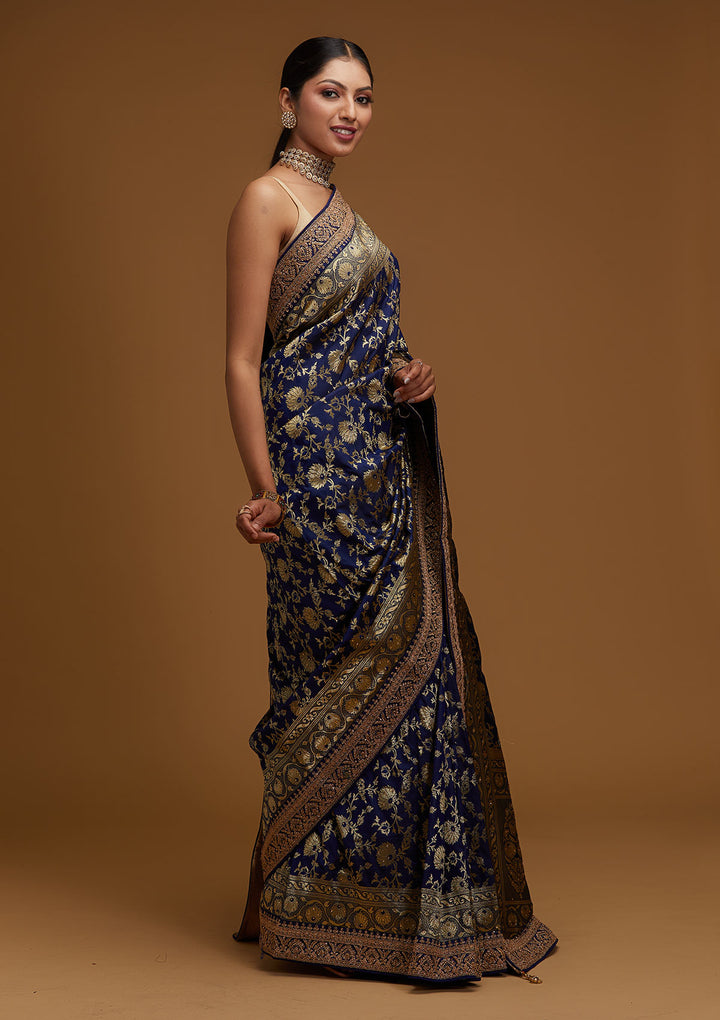 Navy Blue Zariwork Banarasi Designer Saree - Koskii