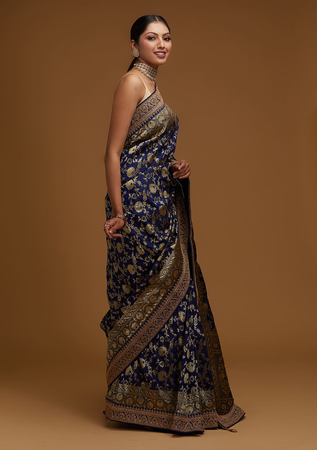 Navy Blue Zariwork Banarasi Designer Saree - Koskii
