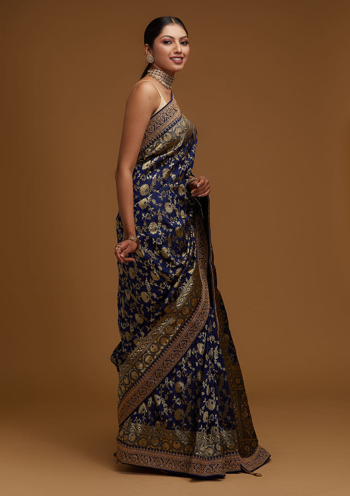 Navy Blue Zariwork Banarasi Designer Saree - Koskii