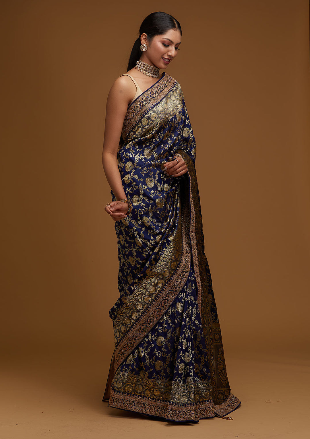 Navy Blue Zariwork Banarasi Designer Saree - Koskii