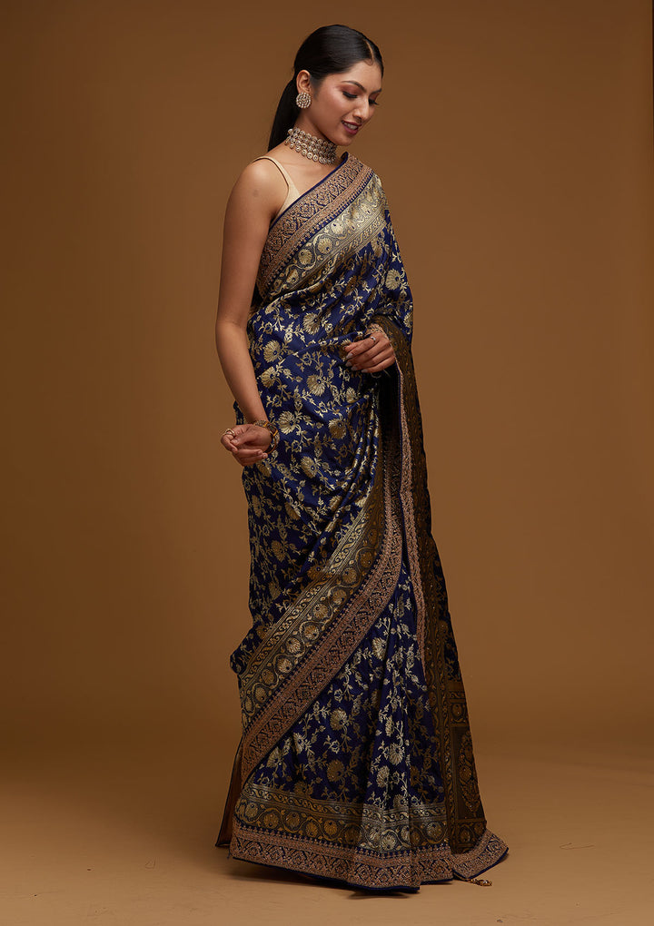 Navy Blue Zariwork Banarasi Designer Saree - Koskii