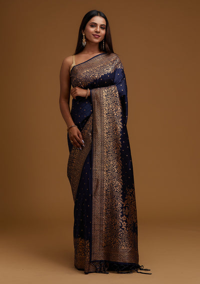 Navy Blue Zariwork Banarasi Designer Saree - Koskii