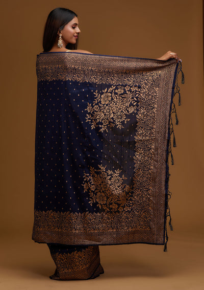 Navy Blue Zariwork Banarasi Designer Saree - Koskii