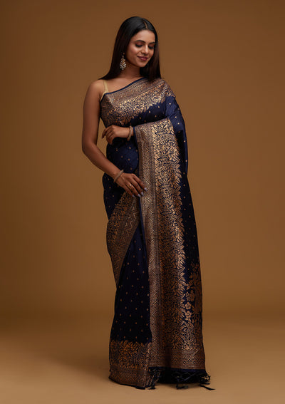 Navy Blue Zariwork Banarasi Designer Saree - Koskii