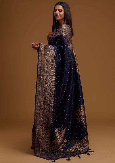 Navy Blue Zariwork Banarasi Designer Saree - Koskii