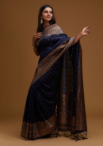 Navy Blue Zariwork Banarasi Designer Saree - Koskii