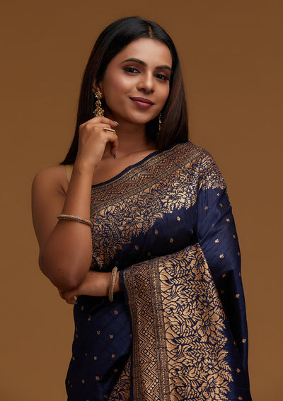 Navy Blue Zariwork Banarasi Designer Saree - Koskii
