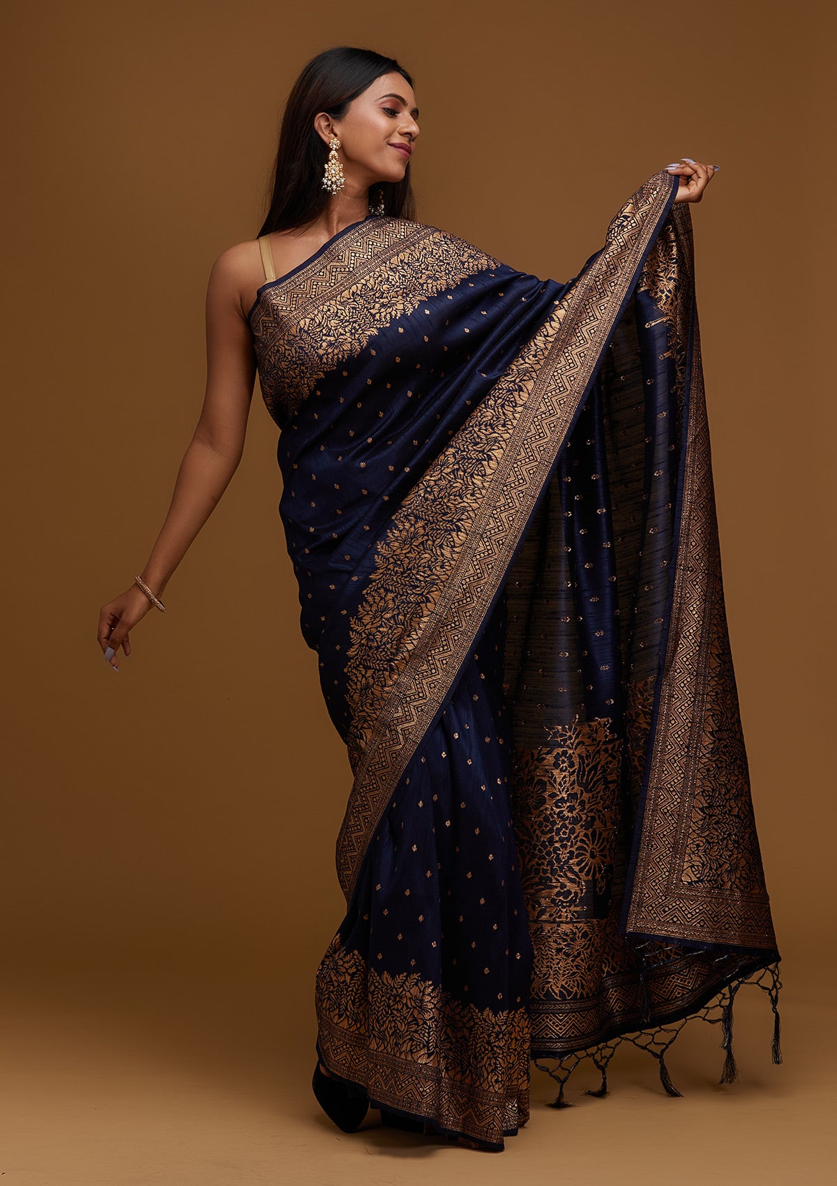 Navy Blue Zariwork Banarasi Designer Saree - Koskii