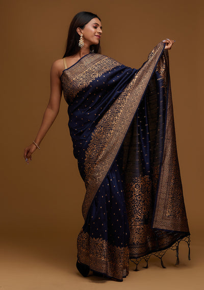 Navy Blue Zariwork Banarasi Designer Saree - Koskii