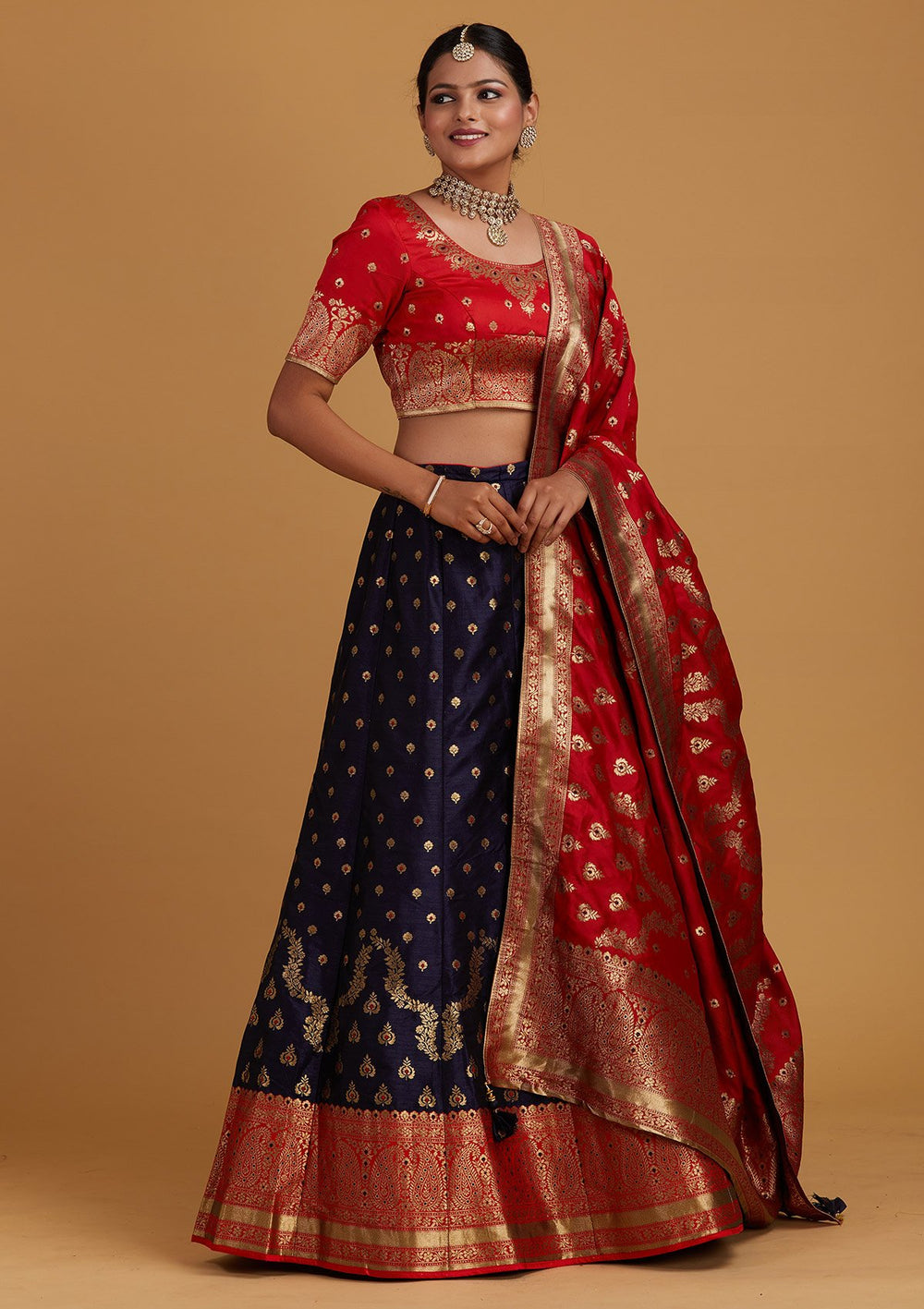Navy Blue Zariwork Brocade Designer Semi-Stitched Lehenga - Koskii