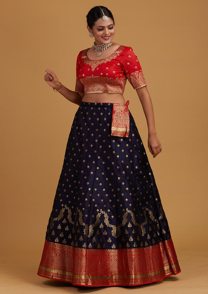 Navy Blue Zariwork Brocade Designer Semi-Stitched Lehenga - Koskii