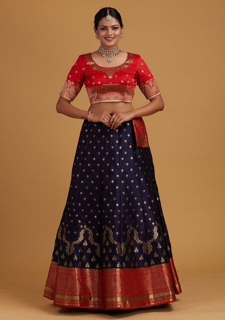 Navy Blue Zariwork Brocade Designer Semi-Stitched Lehenga - Koskii