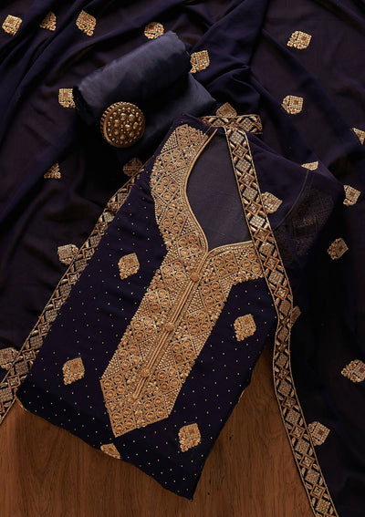 Navy Blue Zariwork Georgette Designer Unstitched Salwar Suit - koskii