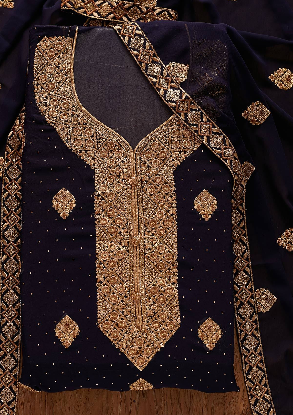 Navy Blue Zariwork Georgette Designer Unstitched Salwar Suit - koskii