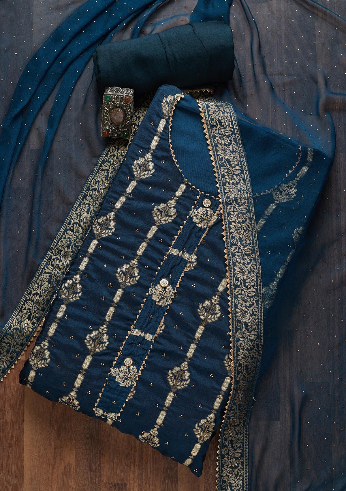 Navy Blue Zariwork Georgette Unstitched Salwar Suit- Koskii