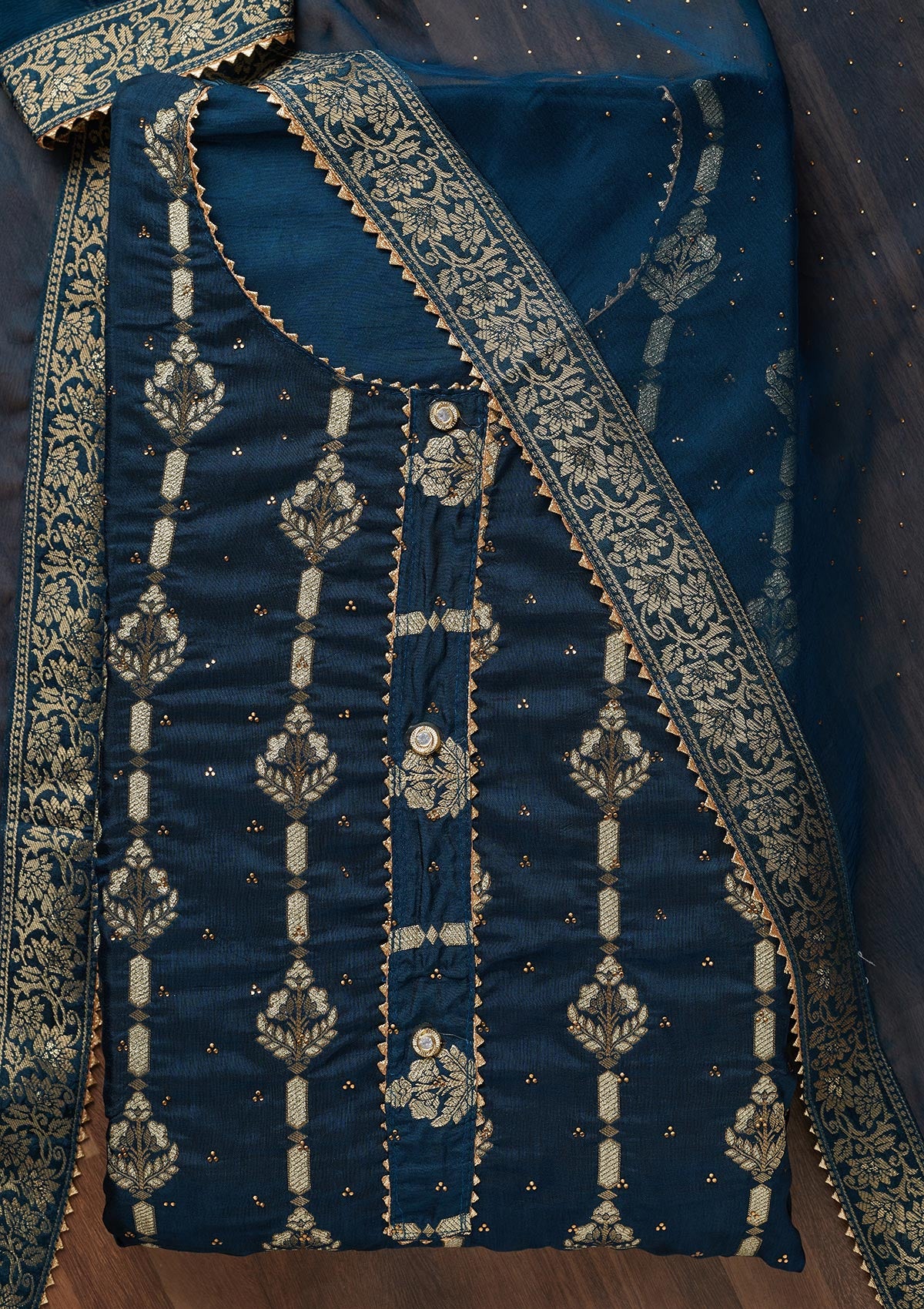 Navy Blue Zariwork Georgette Unstitched Salwar Suit - Koskii