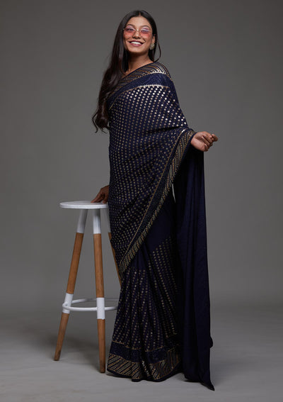 Navy Blue Zariwork Georgette Saree-Koskii